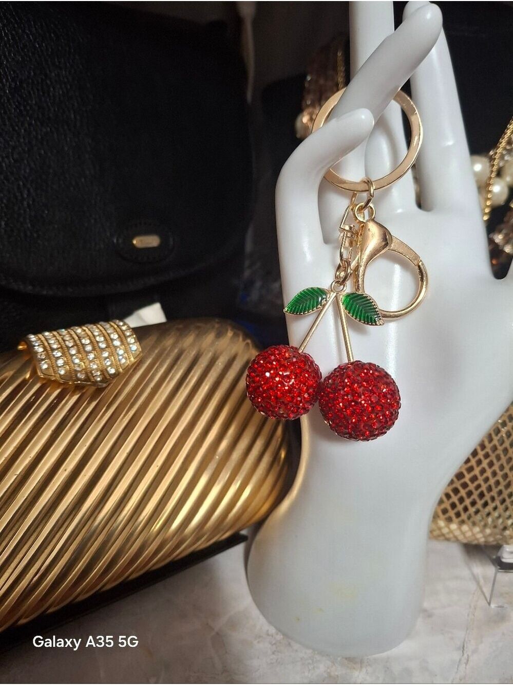 Cherry Sparking Bling bag charm Keyring New gold red - Picture 4 of 4